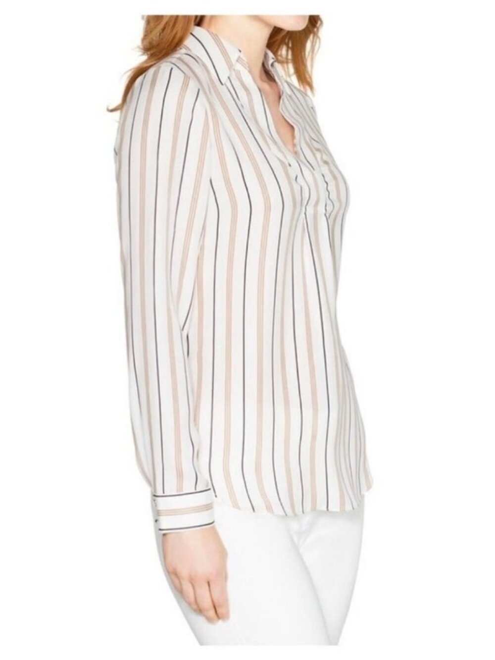 White House Black Market Silky Striped Collared V-Neck Blouse Cream Tan Size 6